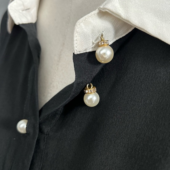 Beulah Silk Pleated Black White Collared Below Knee Dress, Size M - Picture 9 of 16